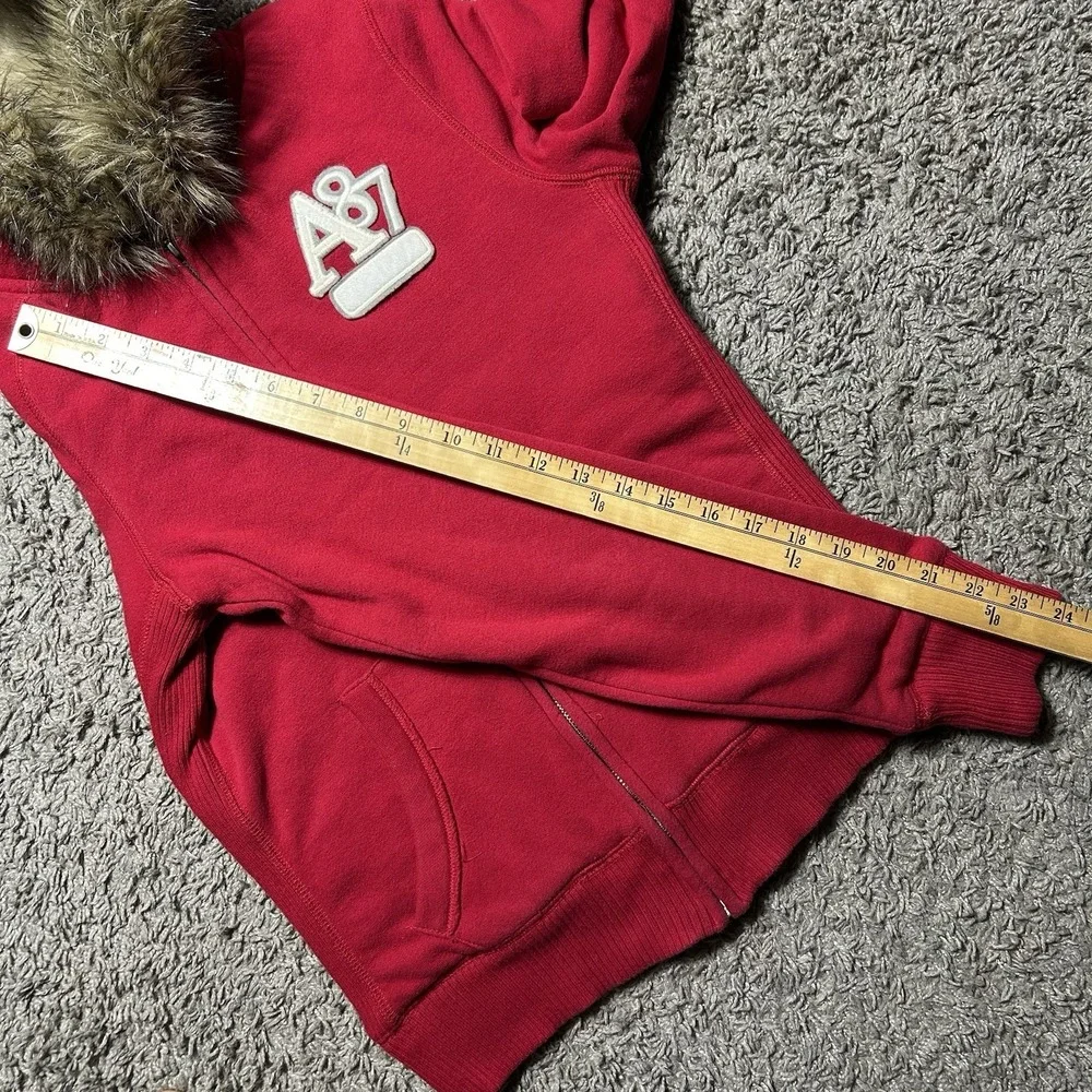 Aeropostale Womens Red Faux Fur Hood Zip Up Hoodie A87 Plaid Lined Medium - Picture 4 of 8